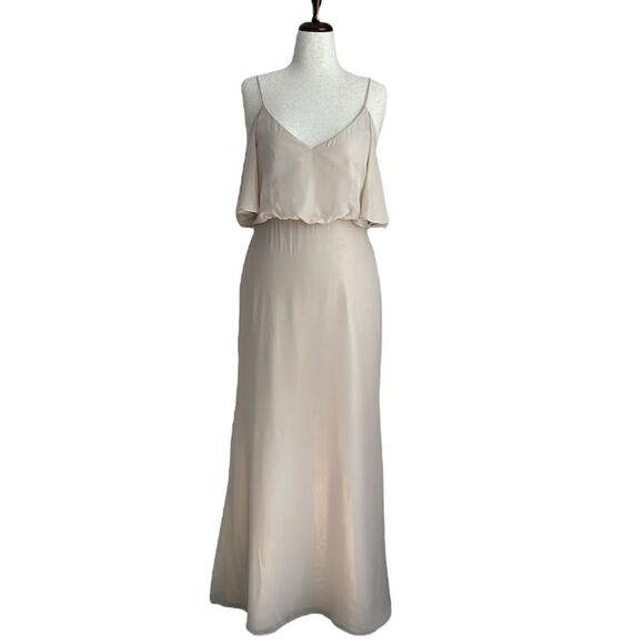 After Six Lux Shim V Neck Cold Shoulder Flounce Dress Bridesmaid in Gold Sz.10L - Picture 1 of 11